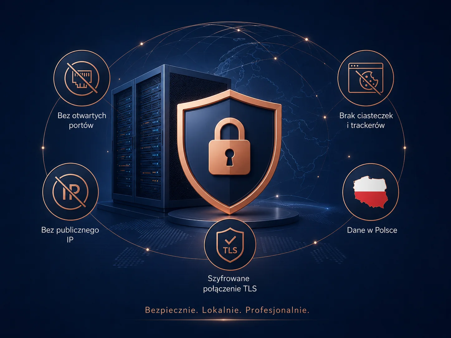 Ilustracja bezpieczeństwa: serwer, tarcza, TLS, brak publicznego IP i infrastruktura w Polsce